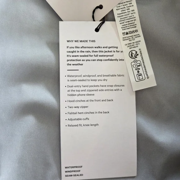 Lululemon Waterproof Fishtail Rain Coat Size Small NWT $298 Sheer Oak - Picture 9 of 16